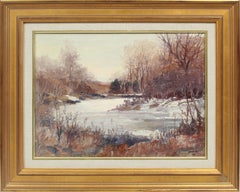 Antike amerikanische Maine-Winter-Impressionistische Flusslandschaft, signiert, Ölgemälde