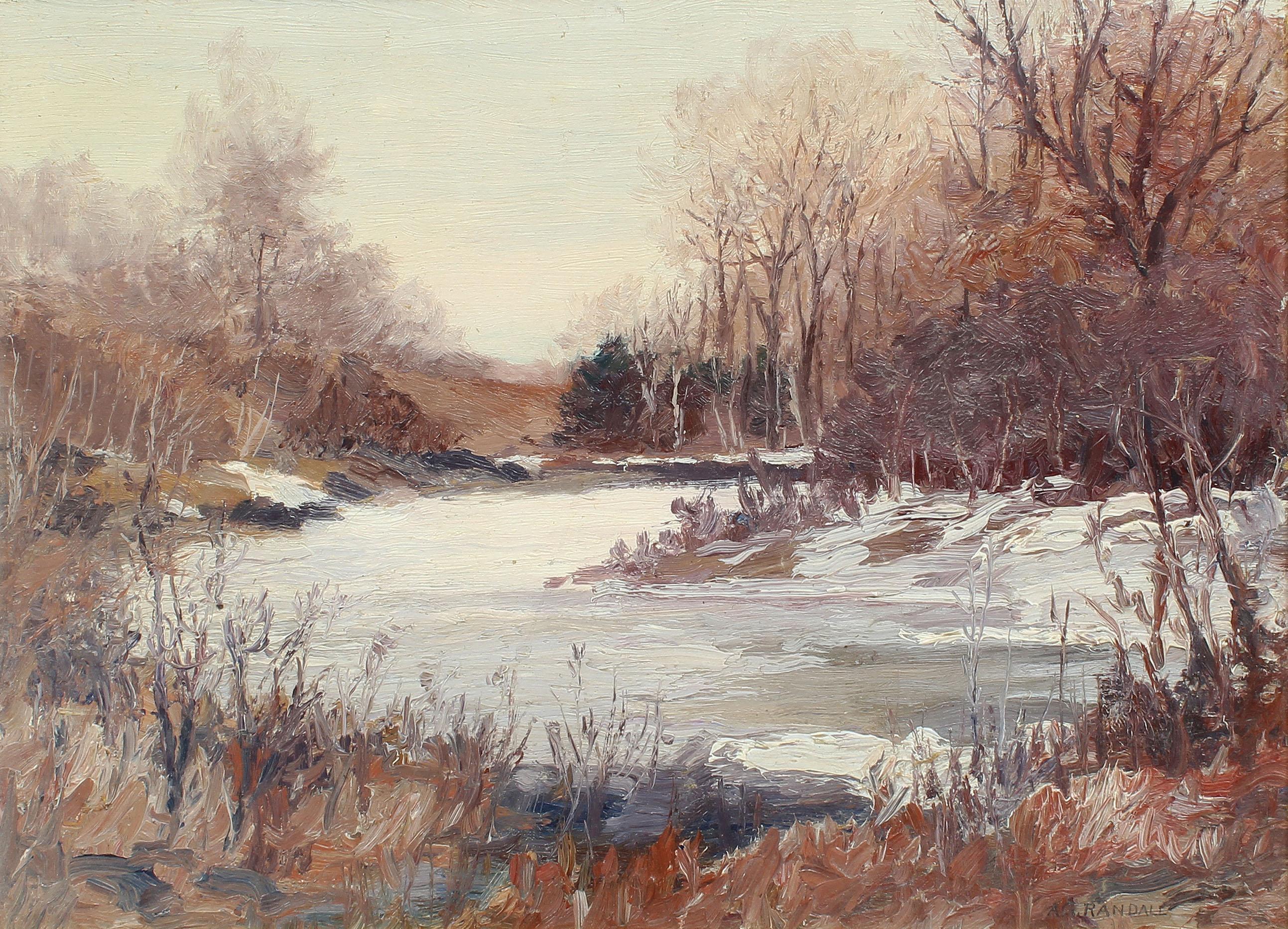Antike amerikanische Maine-Winter-Impressionistische Flusslandschaft, signiert, Ölgemälde (Impressionismus), Painting, von Asa Grant Randall