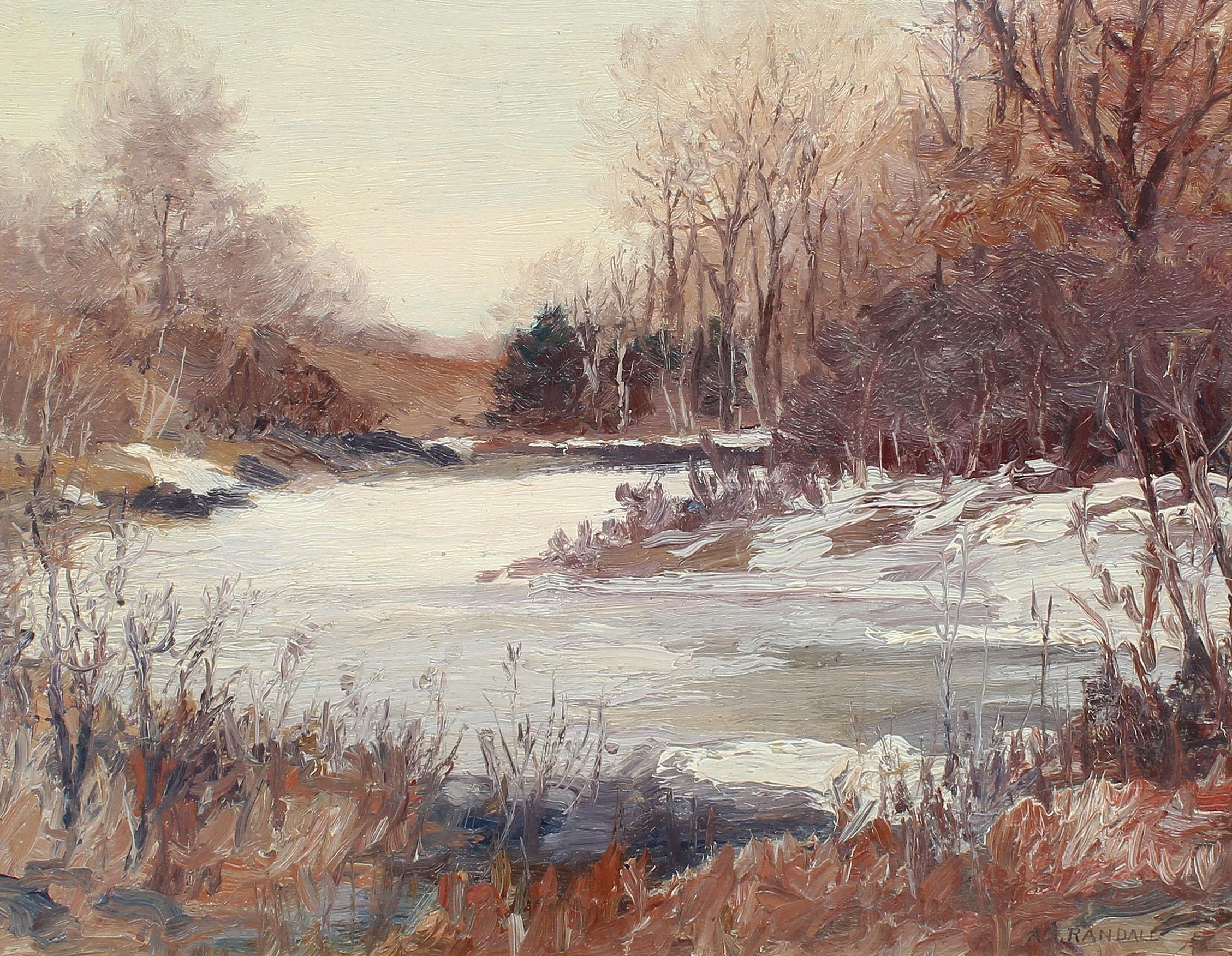 Antike amerikanische Maine-Winter-Impressionistische Flusslandschaft, signiert, Ölgemälde (Braun), Landscape Painting, von Asa Grant Randall