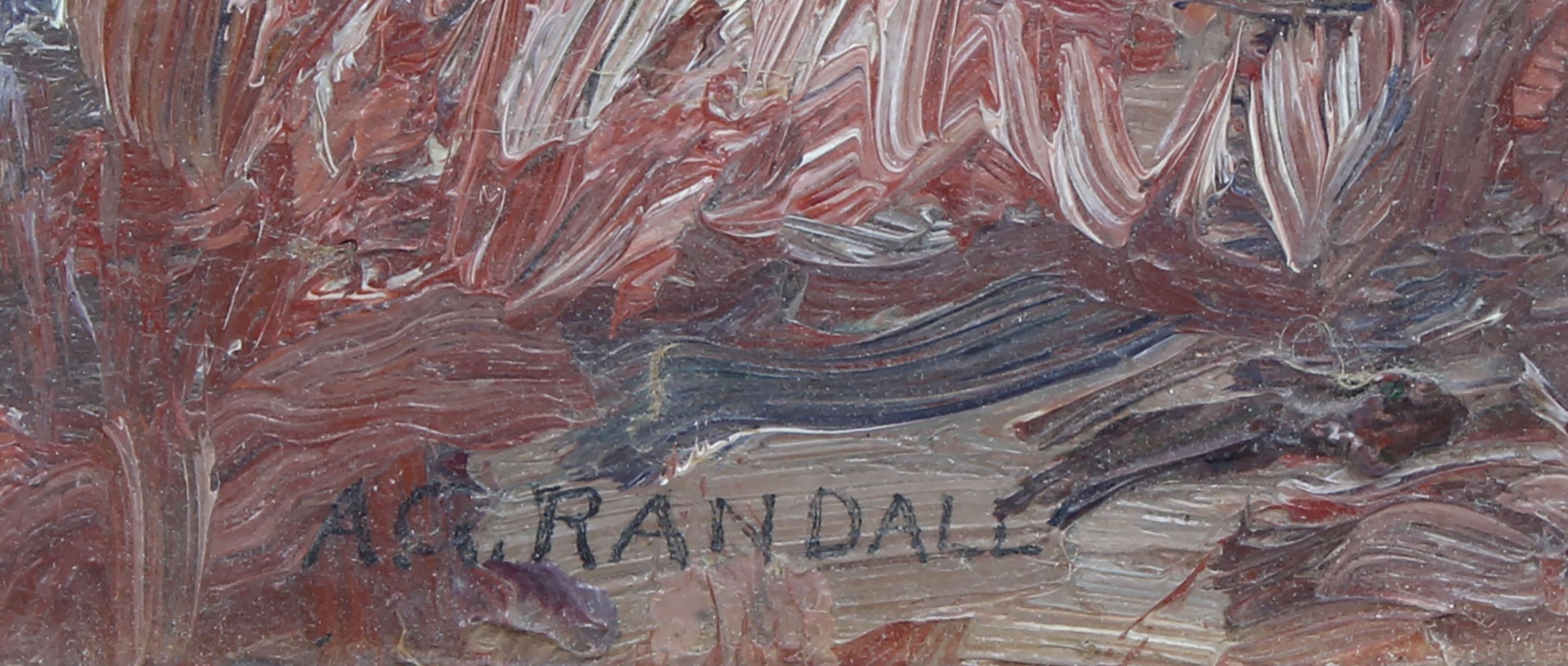Antikes amerikanisches Ölgemälde mit impressionistischer Winterlandschaft von Asa Grant Randall (1869 - 1948).  Öl auf Karton, um 1900. Unterschrieben.  Ausgestellt in einem zeitgenössischen Rahmen aus Goldholz.  Bild, 16 