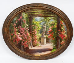 Ancienne peinture à l'huile impressionniste française représentant une sculpture de jardin de fleurs et un paysage