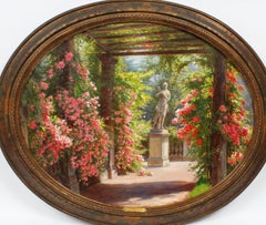 Antique French Impressionist Flower Garden Sculpture Landscape Oil Painting