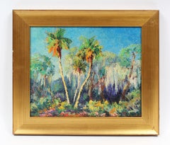 Antique American Impressionist Tropical Palm Tree Original  Beach Oil Painting