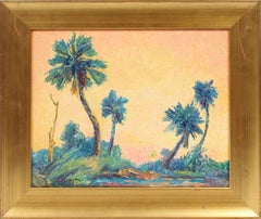 Antique American Impressionist Tropical Florida Beach Scene Signed Oil Painting