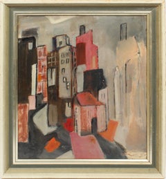 Antique American Woman Modernist Abstract Cityscape Philadelphia PA Oil Painting