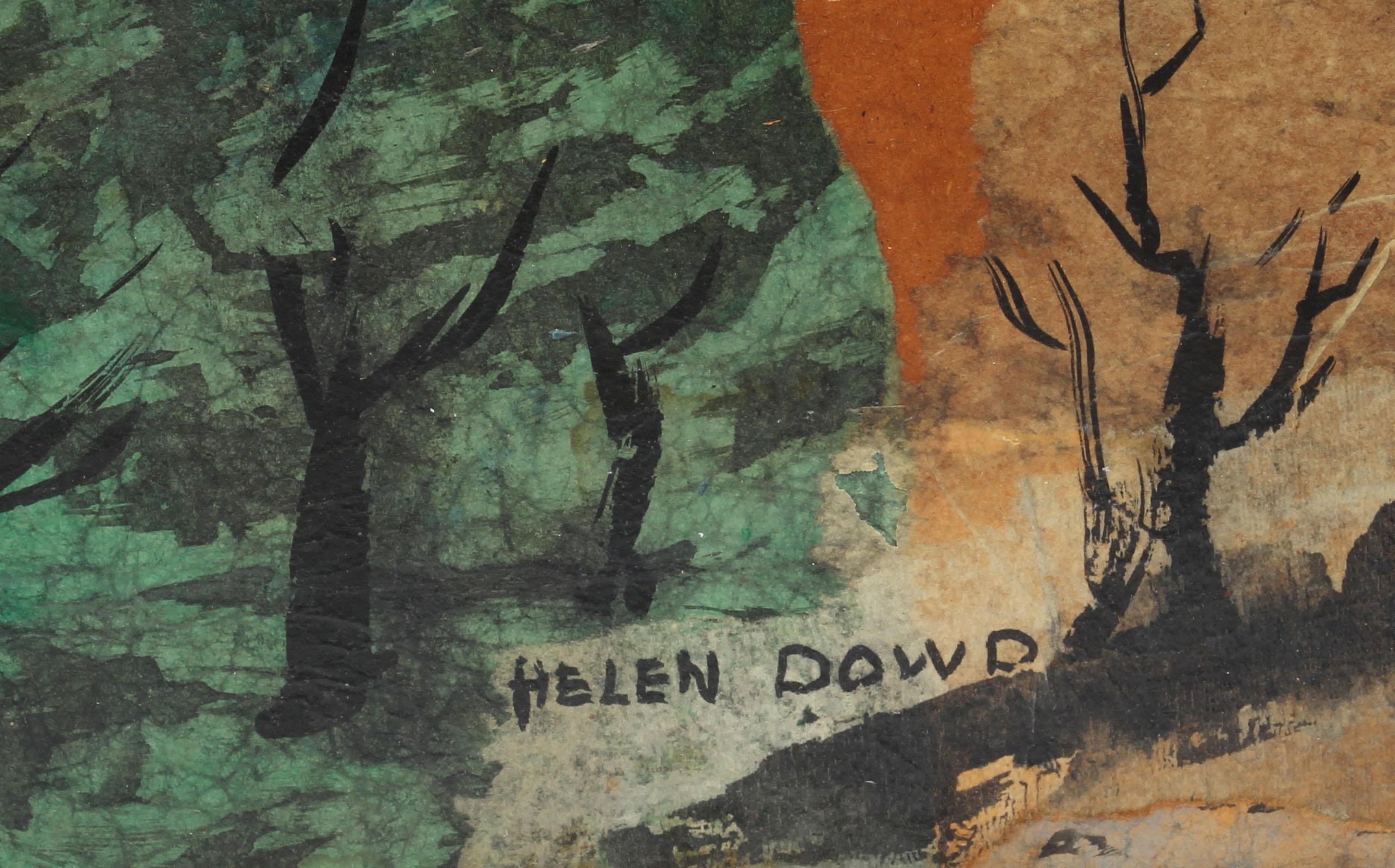 Antique American modernist landscape oil and mixed media painting by Helen Cremer Collins Dowd (1906 - 1996).  Oil on board with some collage, circa 1940.  Signed.  Displayed in a period modern frame.  Image, 34