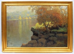 Large Antique American Impressionist Signed Summer River Landscape Oil Painting