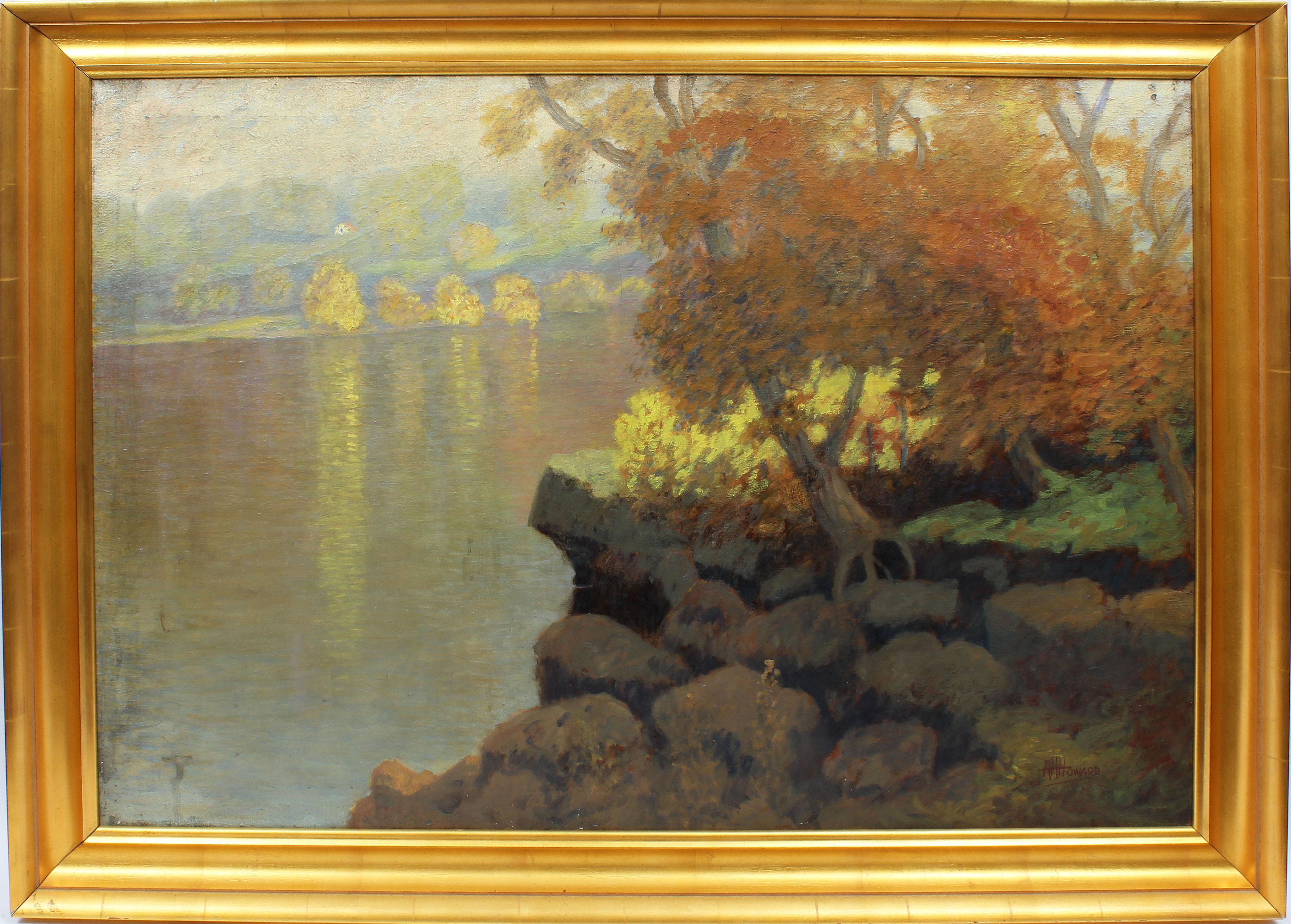 Hugh Huntington Howard Landscape Painting - Large Antique American Impressionist Signed Summer River Landscape Oil Painting