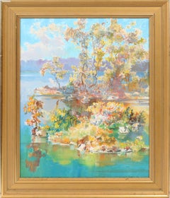 Antique American Impressionist Tropical Summer Bright Seascape Oil Painting