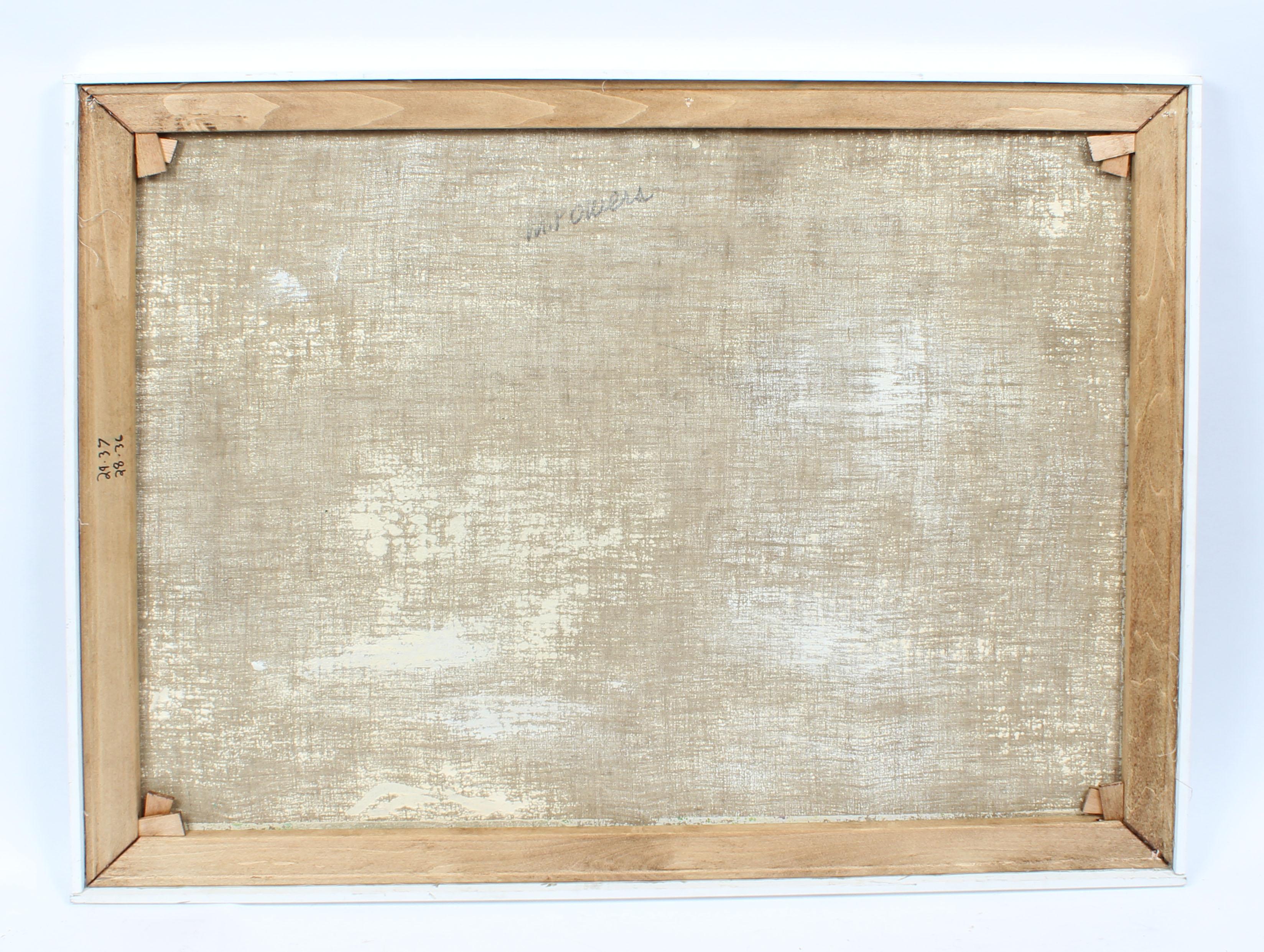 Vintage American modernist landscape oil painting by Marilyn Powers (1925 - 1976).  Oil on canvas, circa 1960. Estate stamp verso.  Displayed in a white wood modernist frame.  Image, 36