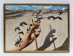 Vintage Surreal Trompe L'Oeil Beach Seascape Rare Signed Original Oil Painting