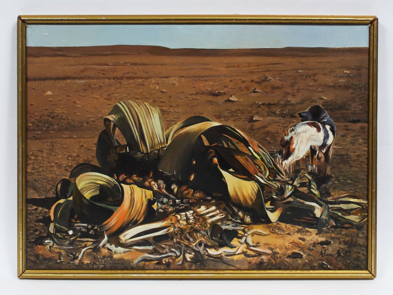 Vintage Surreal Trompe L'Oeil Dog Landscape Signed Original Oil Painting - Brown Landscape Painting by alexander titorenkov