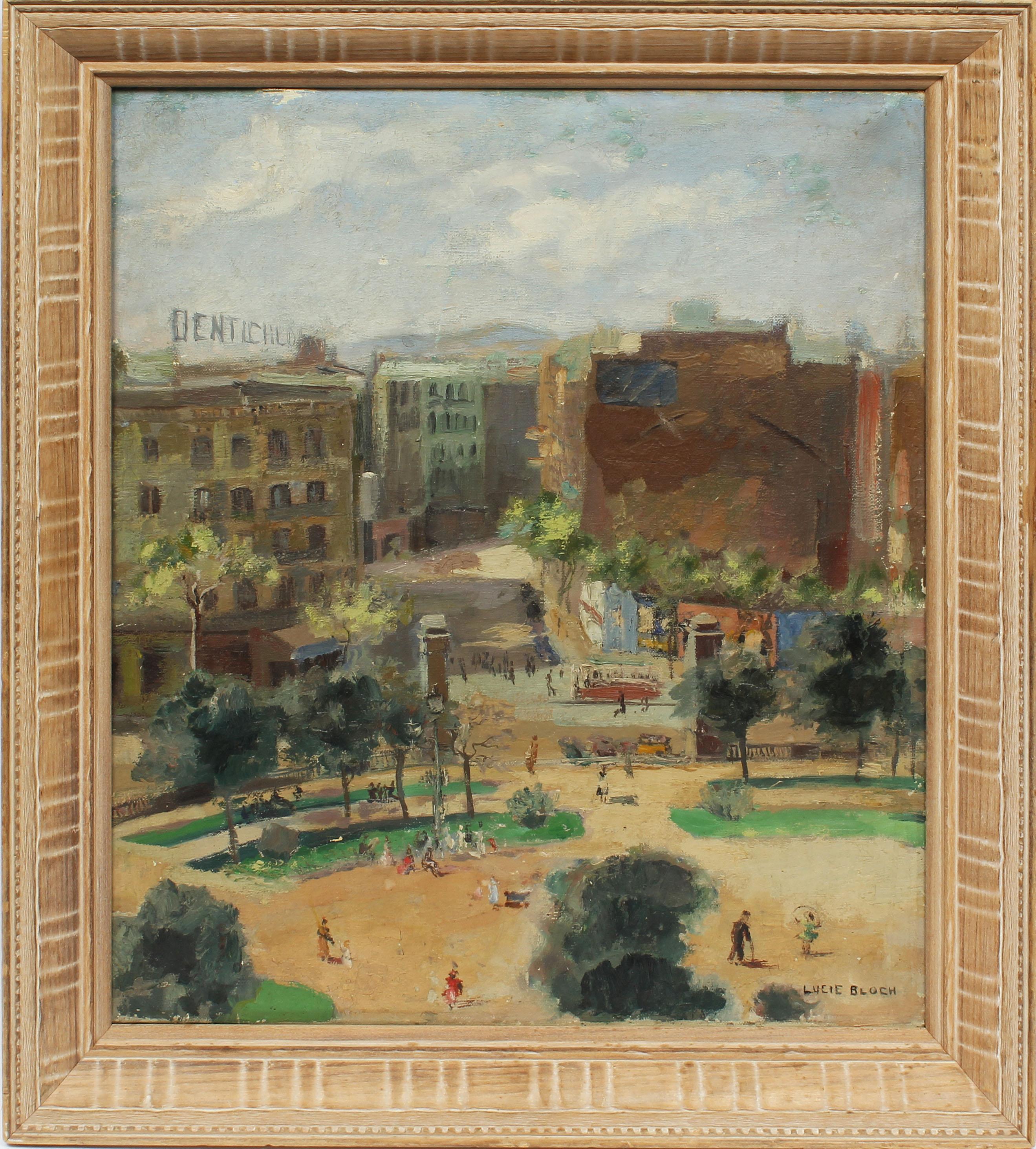Lucie Bloch Landscape Painting – Antikes impressionistisches Ölgemälde der weiblichen Künstlerin Ashcan School, signiert Cityscape, Cityscape