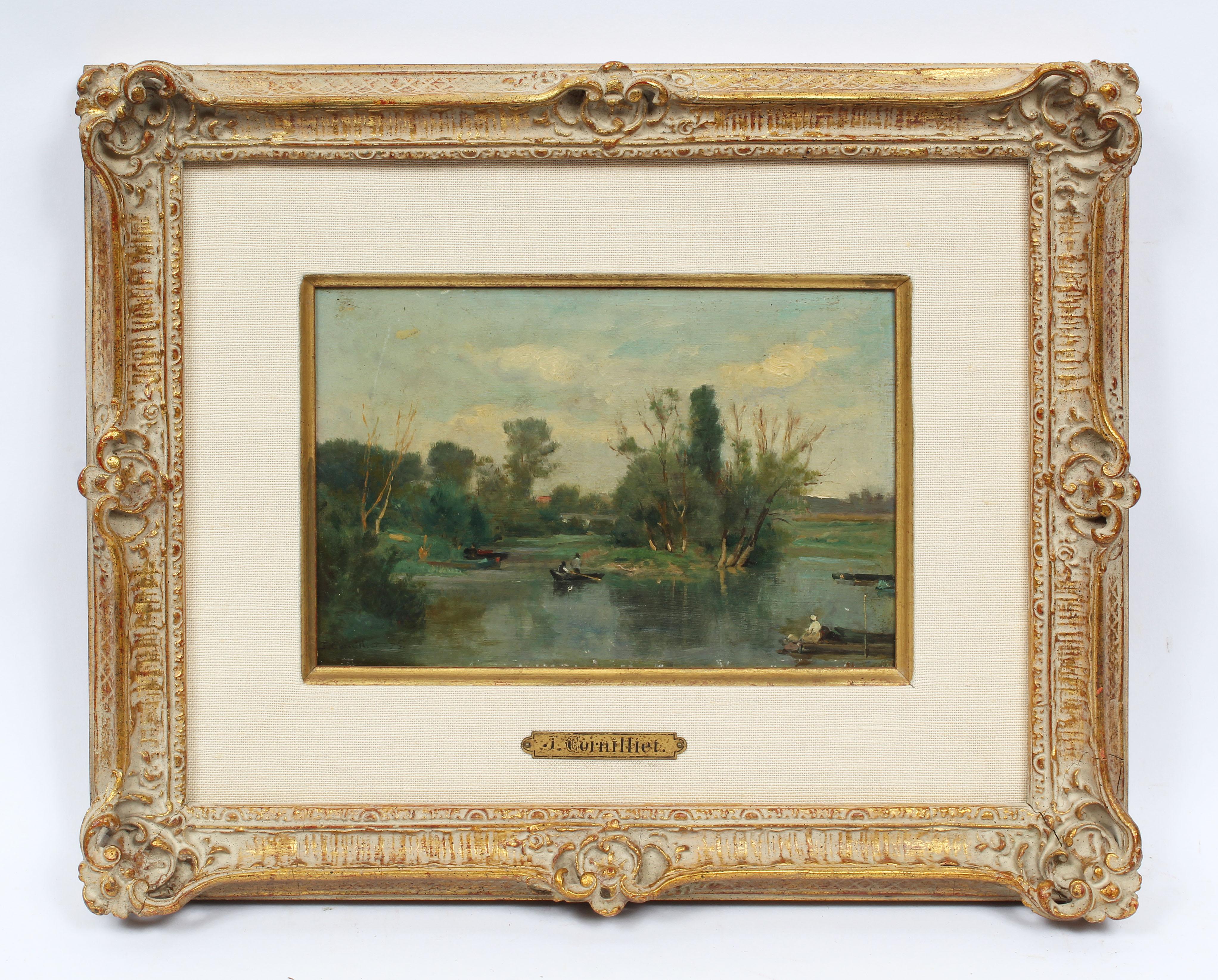 Jules Cornilliet Landscape Painting - Antique French Barbizon Signed Original River Boat Landscape Rare Oil Painting