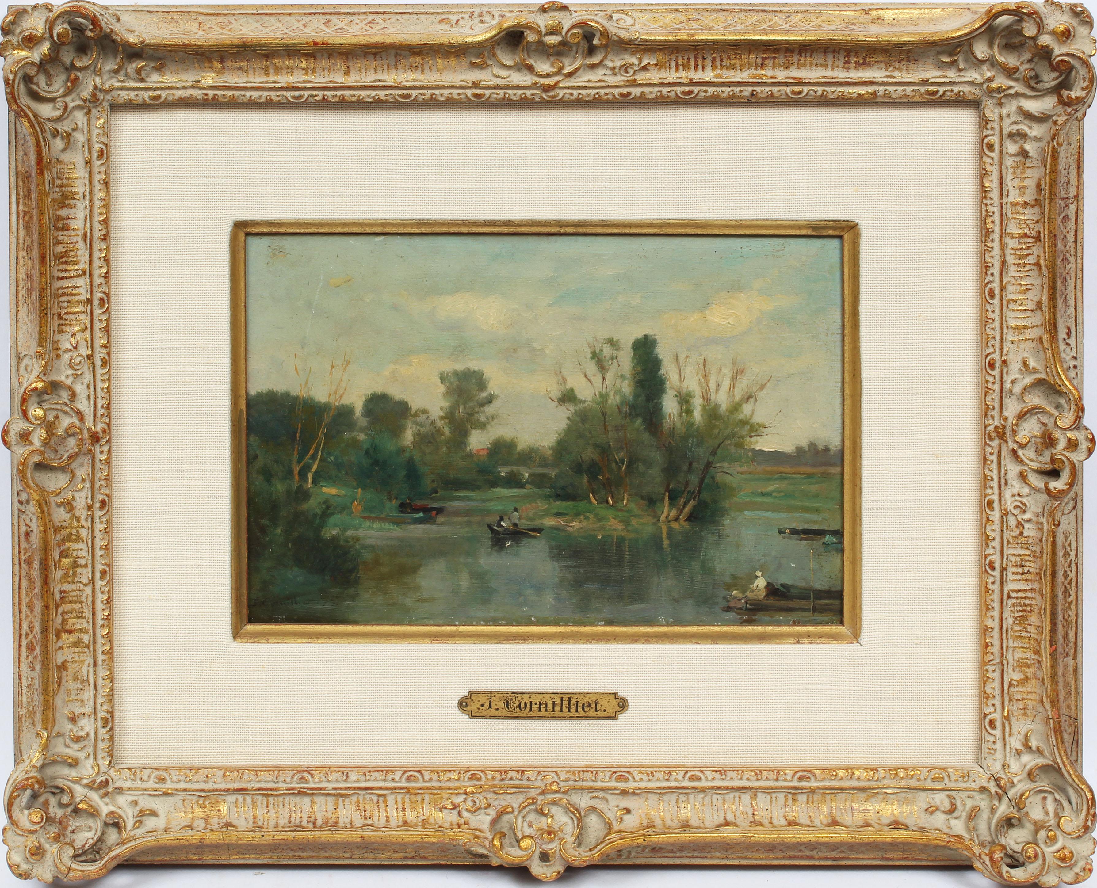 Antique French Barbizon Signed Original River Boat Landscape Rare Oil Painting - Beige Landscape Painting by Jules Cornilliet