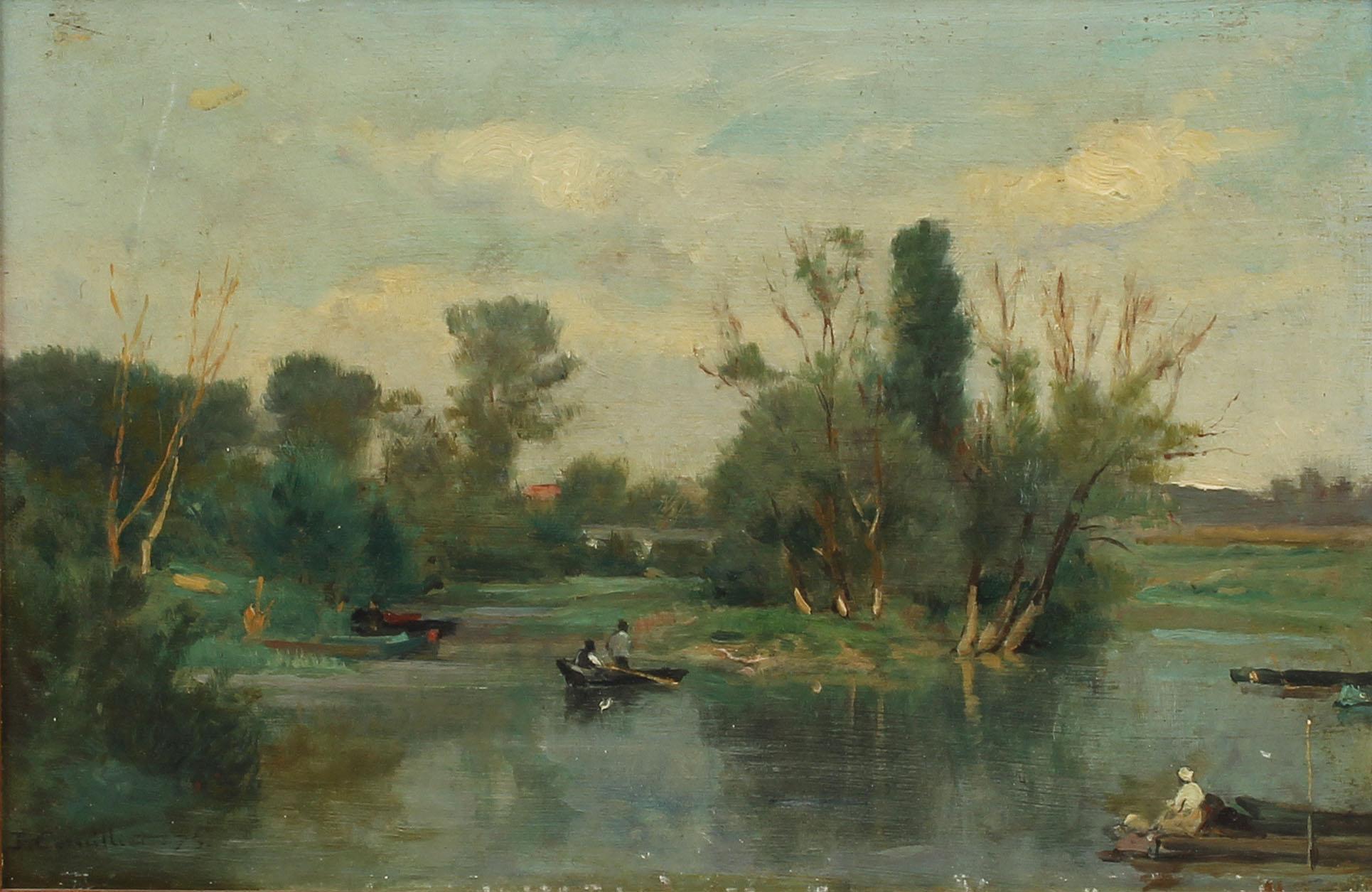 Antique Barbizon school impressionist lake scene oil painting by Jules Cornilliet (1830 - 1886).  Oil on board, circa 1975. Signed.  Displayed in a giltwood frame.  Image, 9