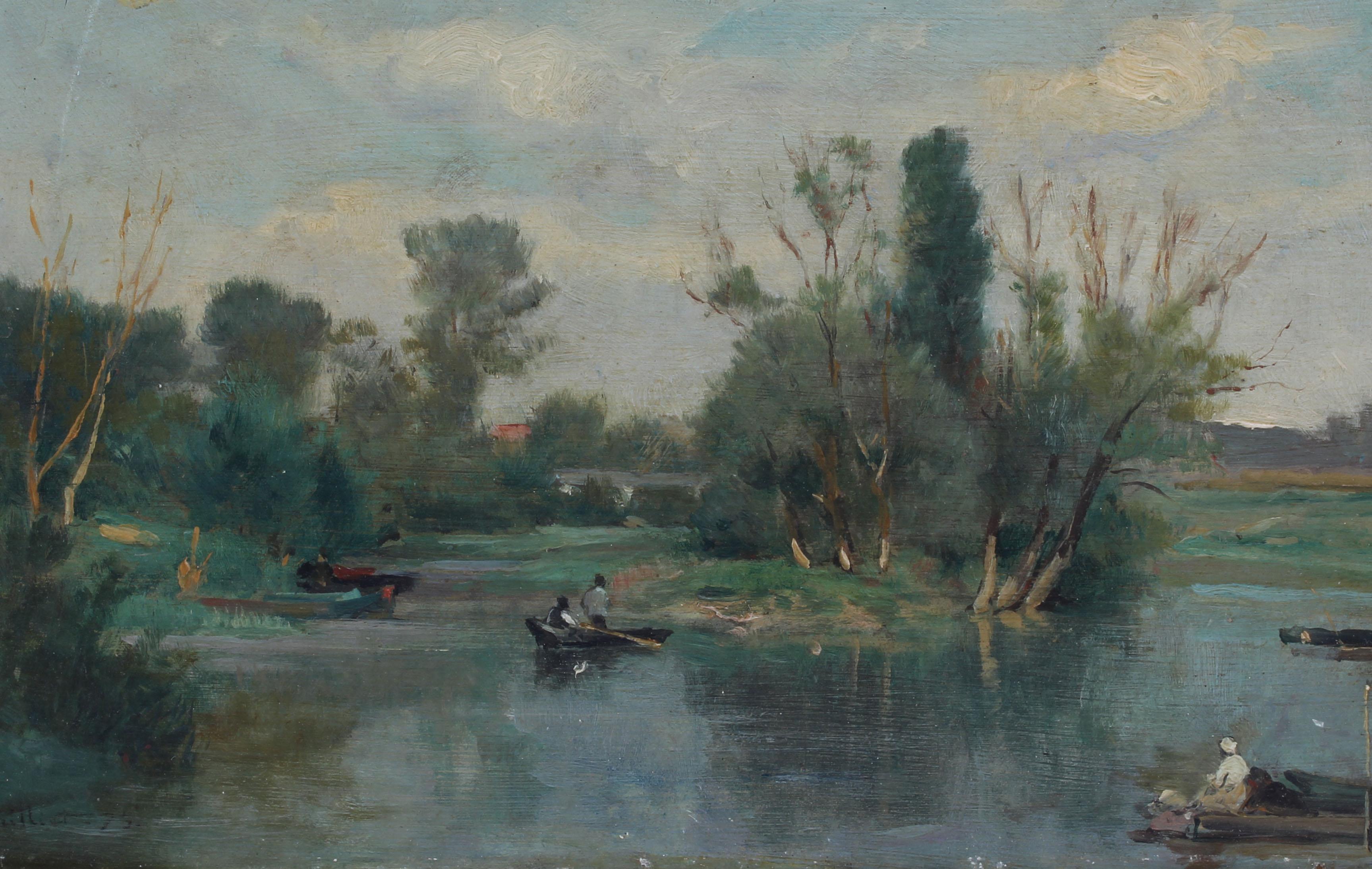 Antique French Barbizon Signed Original River Boat Landscape Rare Oil Painting 1
