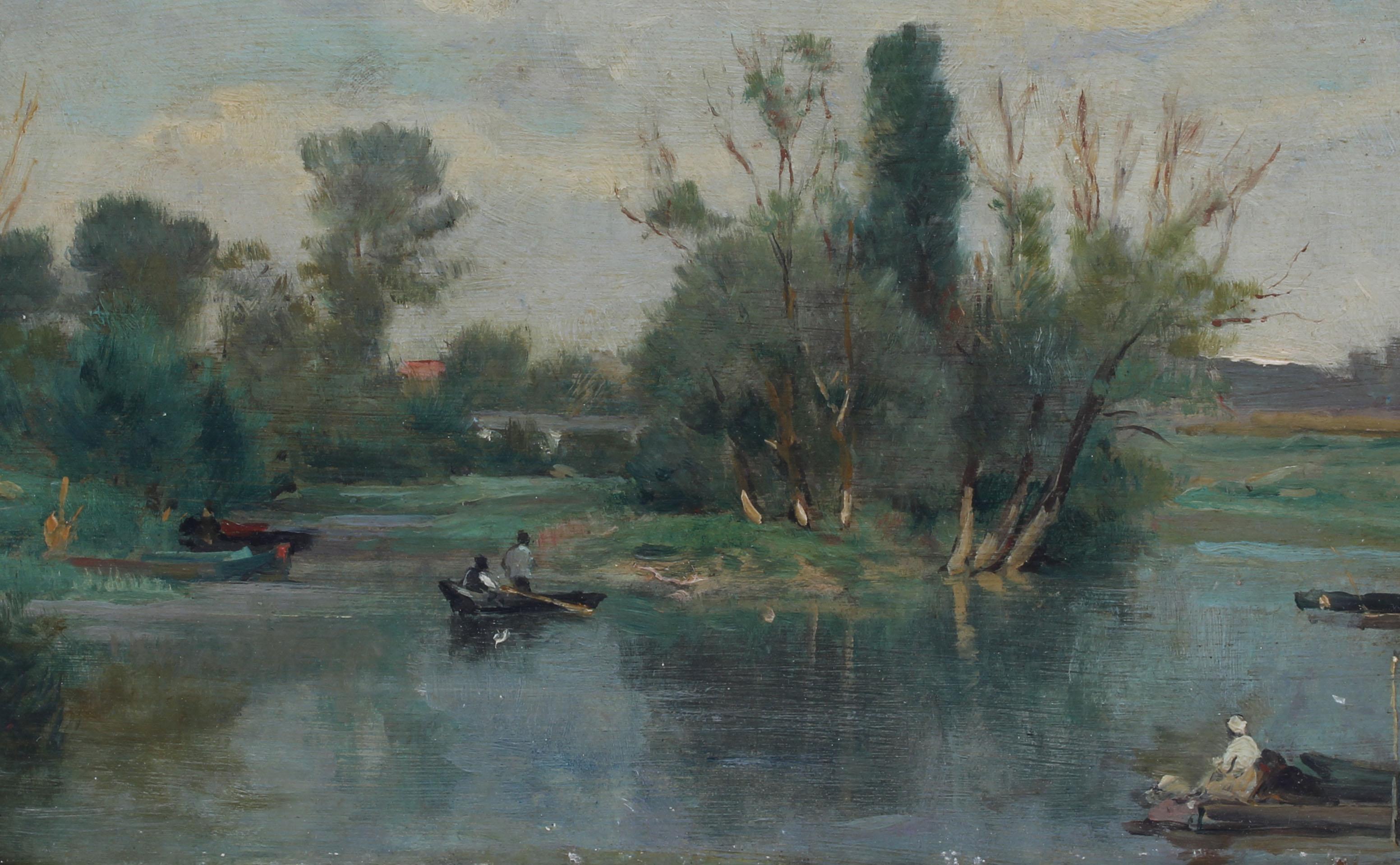 Antique French Barbizon Signed Original River Boat Landscape Rare Oil Painting 2