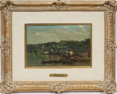 Antique French Barbizon Coastal Town Original Impressionist Boat Oil Painting