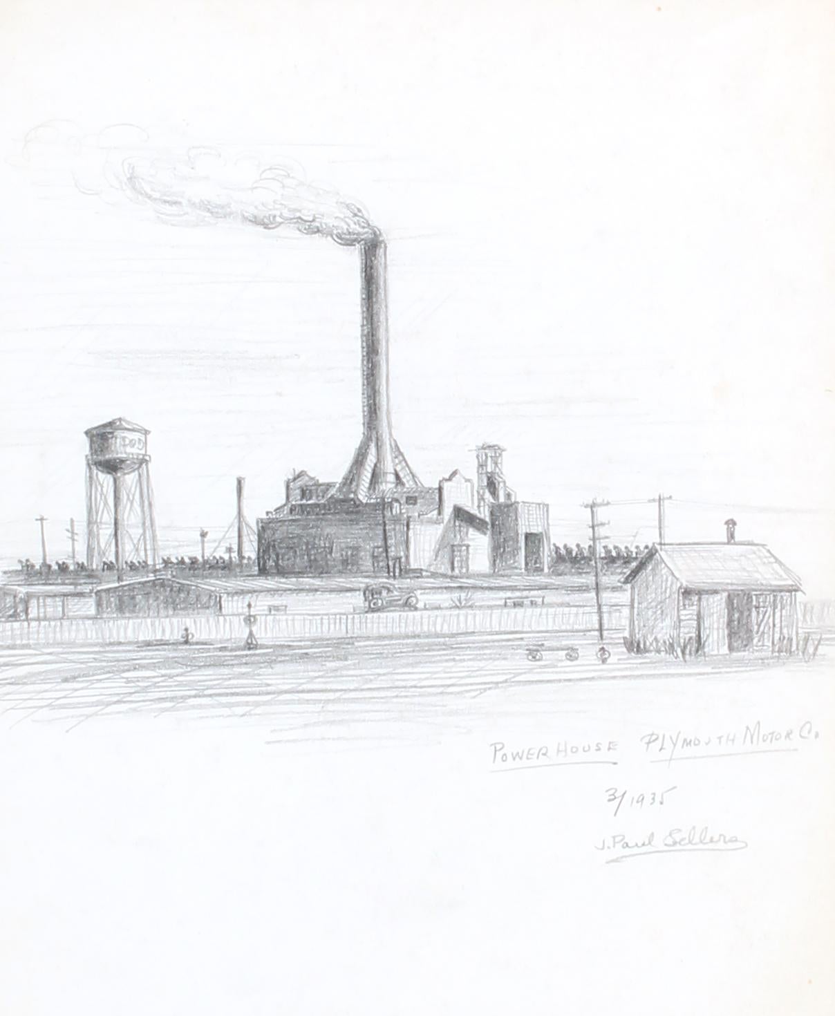 Modern American Industrial Drawing Factory Graphite Framed Black and White - Art by Unknown