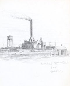 Modern American Industrial Drawing Factory Graphite Framed Black and White
