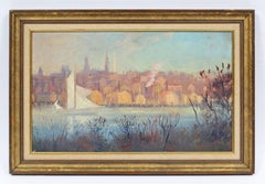 Antique Early American Impressionist Industrial River Cityscape NY Oil Painting