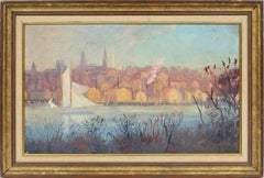 Antique Early American Impressionist Industrial River Cityscape NY Oil Painting
