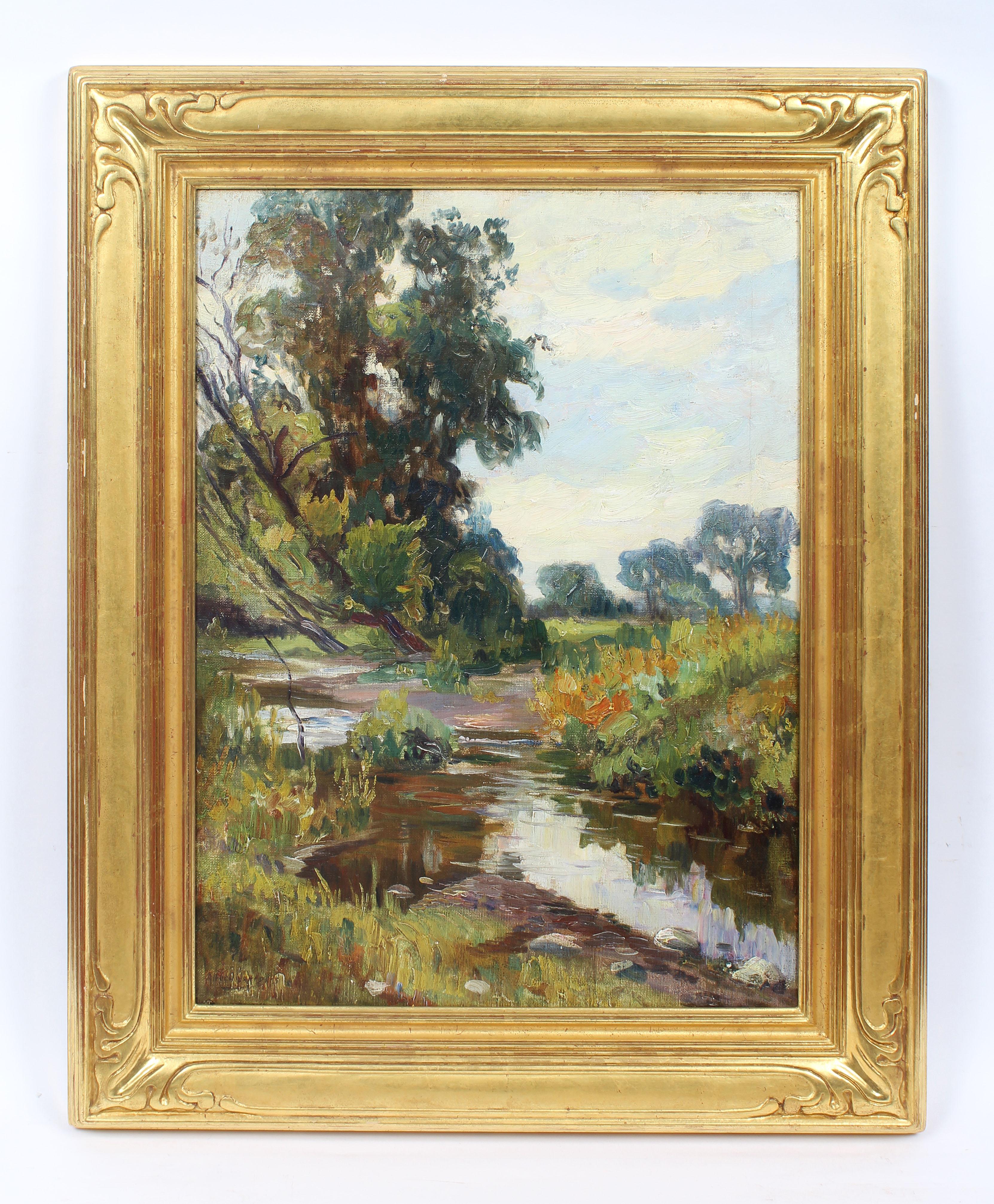 Antique American impressionist signed original landscape painting by Alfred Juergens (1866 - c.1934).  Oil on canvas, circa 1900. Signed.  Displayed in a giltwood frame.  Image, 18