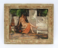 Antique Sunlit Impressionist Exhibited Nude Woman Landscape Original Painting