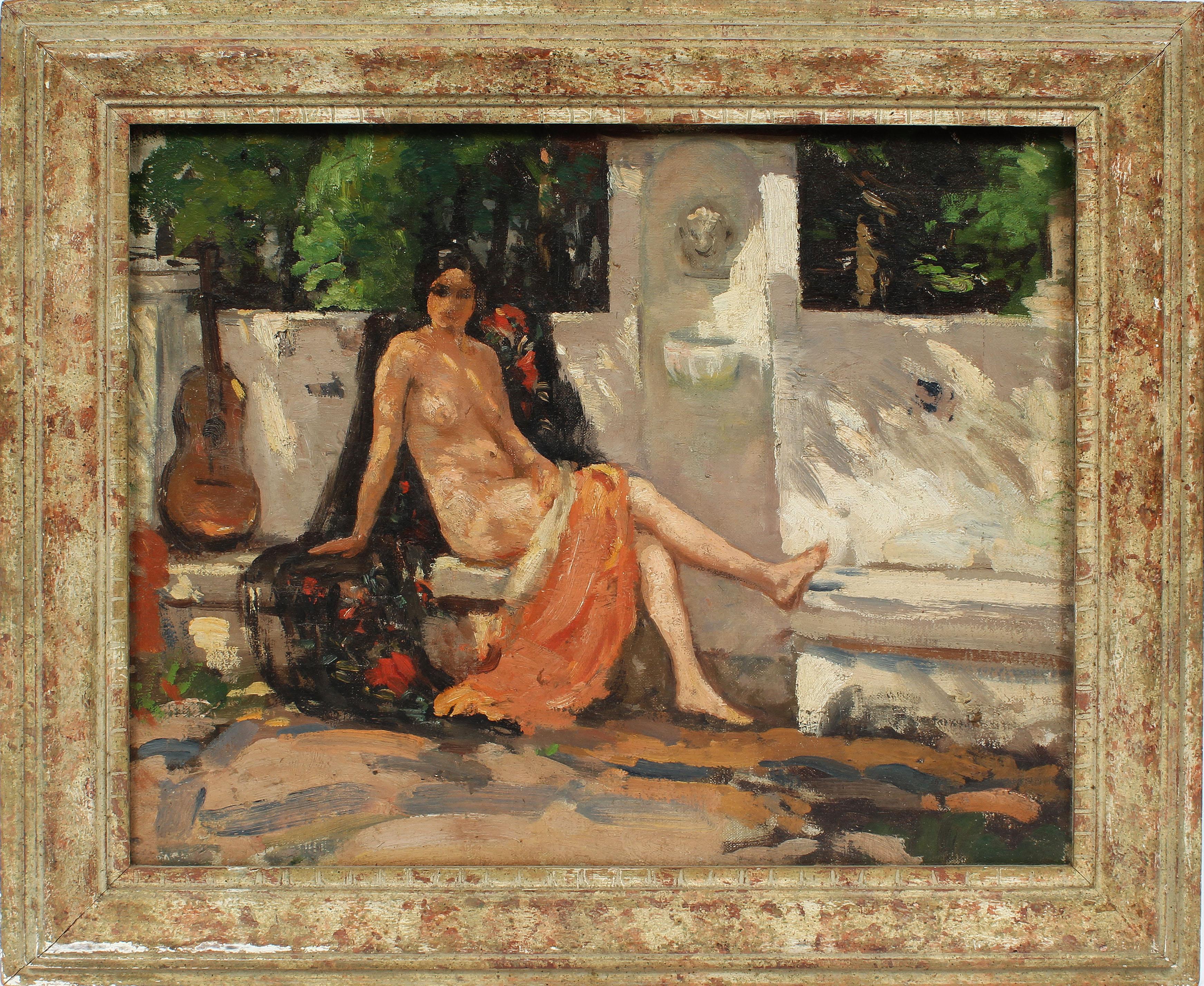 Lillian Mathilde Genth Nude Painting - Antique Sunlit Impressionist Exhibited Nude Woman Landscape Original Painting