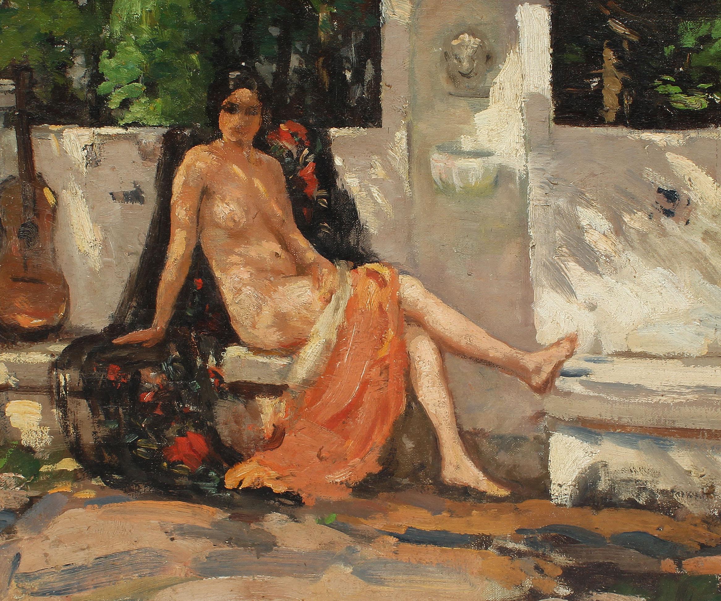 Antique Sunlit Impressionist Exhibited Nude Woman Landscape Original Painting - Brown Nude Painting by Lillian Mathilde Genth