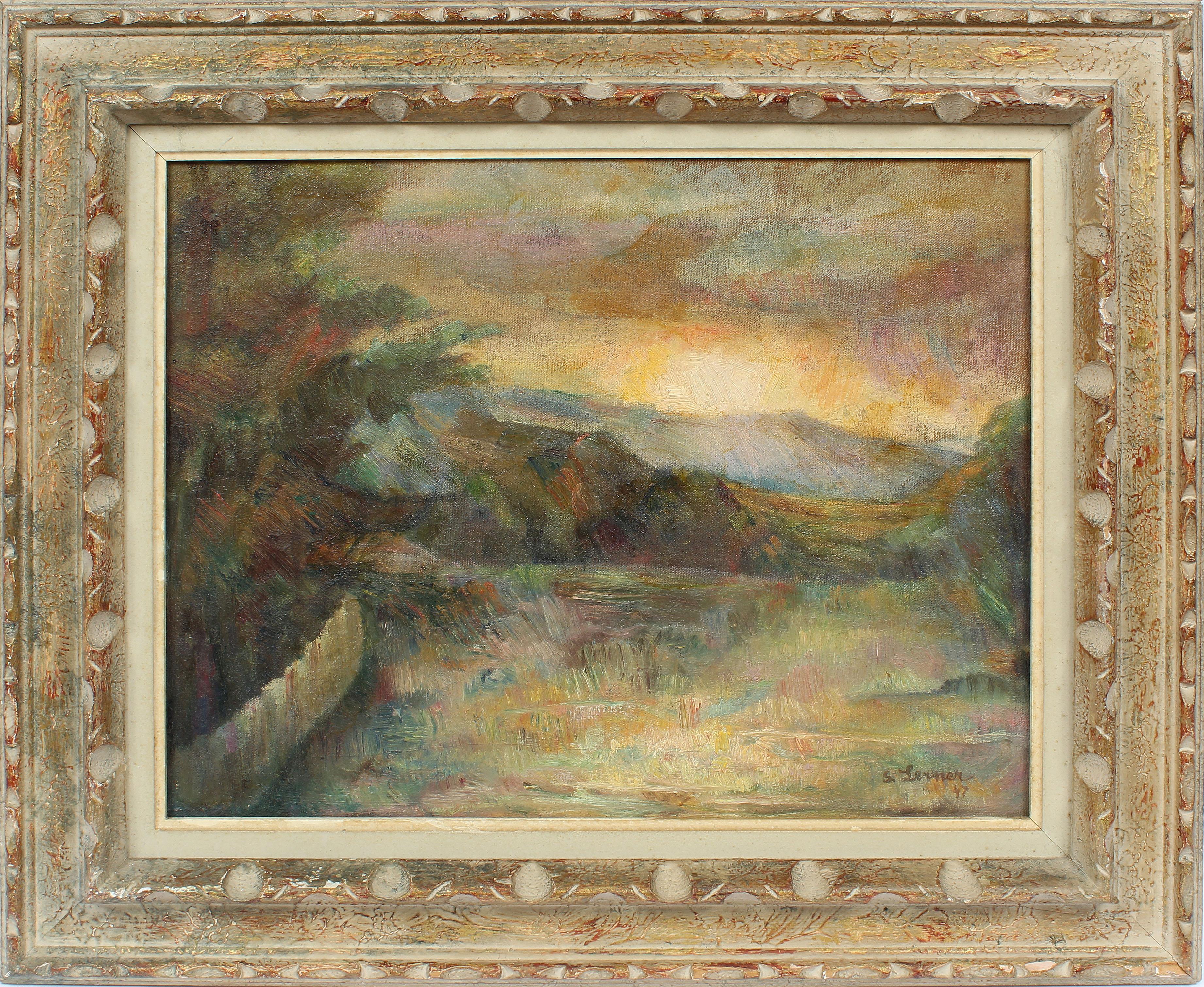 Sandra Lerner Landscape Painting - Antique American Female Modernist Sunset Valley Signed Landscape Oil Painting