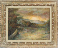 Antique American Female Modernist Sunset Valley Signed Landscape Oil Painting