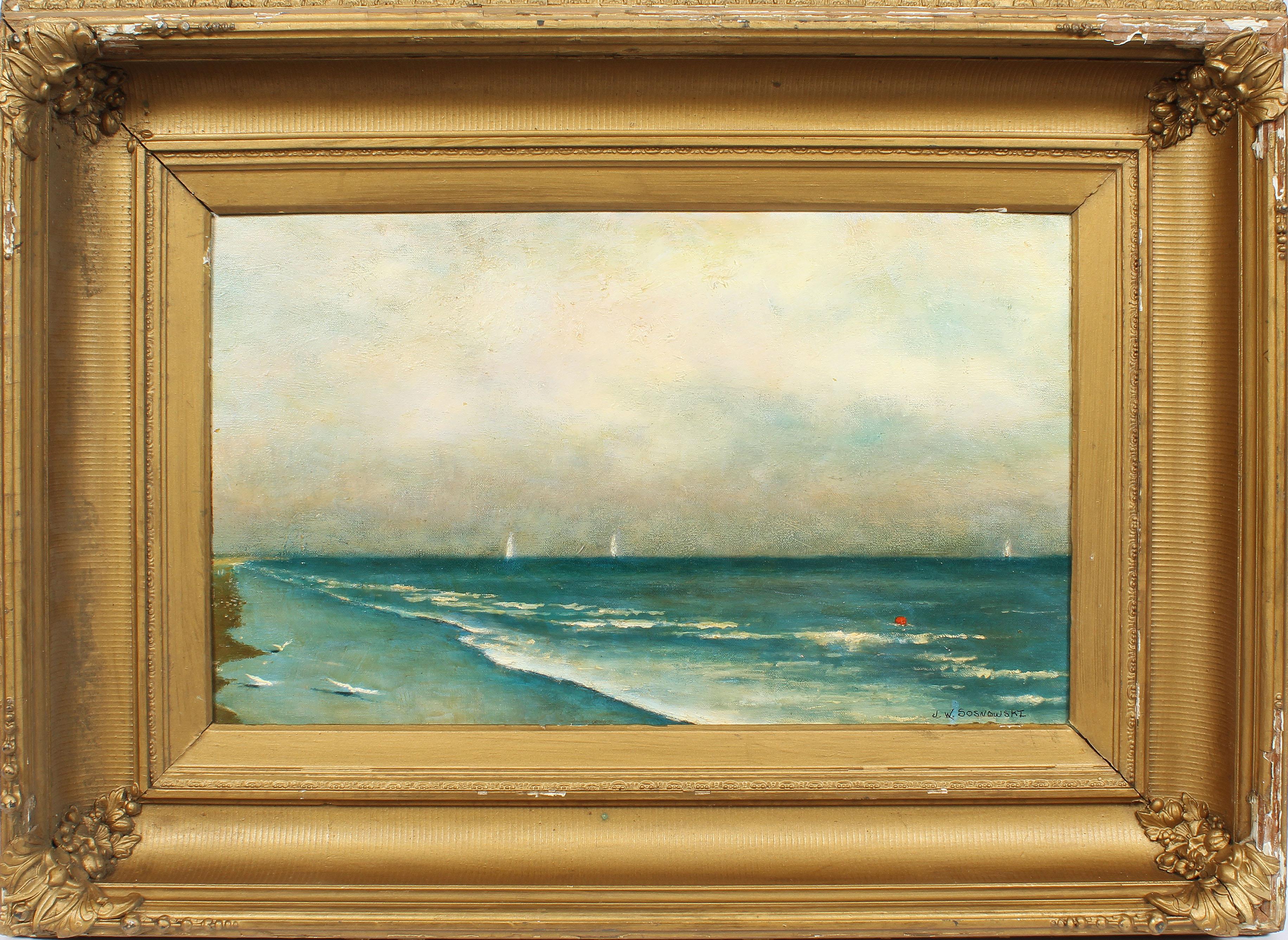 Vintage Impresionista Americano Escena de Playa Costera Firmado  Pintura original
