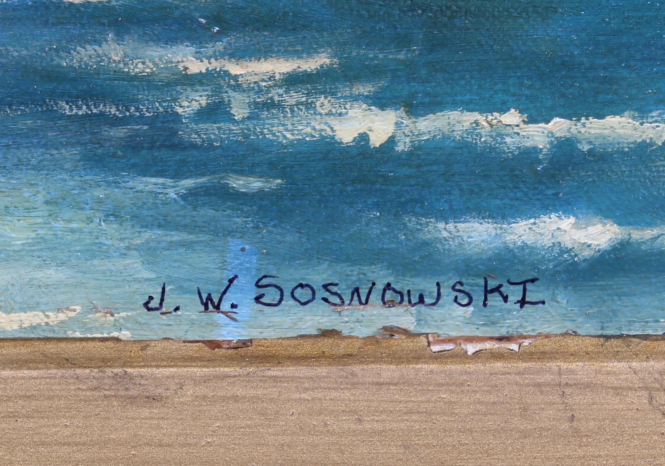 American impressionist beach scene oil painting by Joseph W. Sosnowski (Born 1971).  Oil on canvasboard, circa 2010. Signed.  Displayed in a giltwood frame.  Image, 20