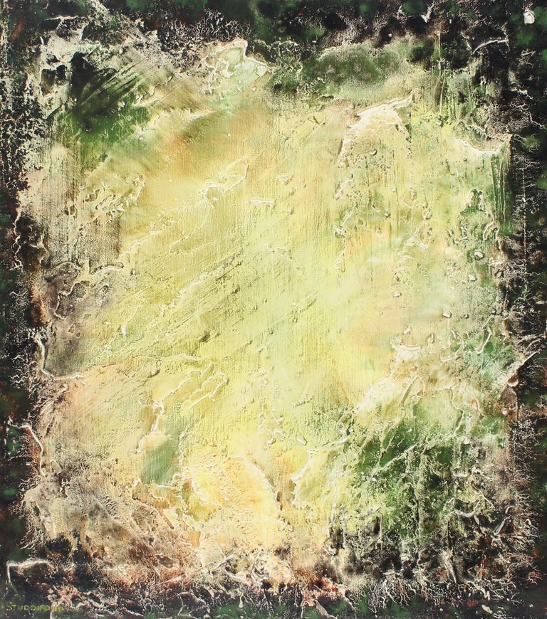 Antique American modernist abstract painting.  Oil and encaustic on canvas, circa 1980. Signed on verso.  Displayed in a period frame.  Image, 20