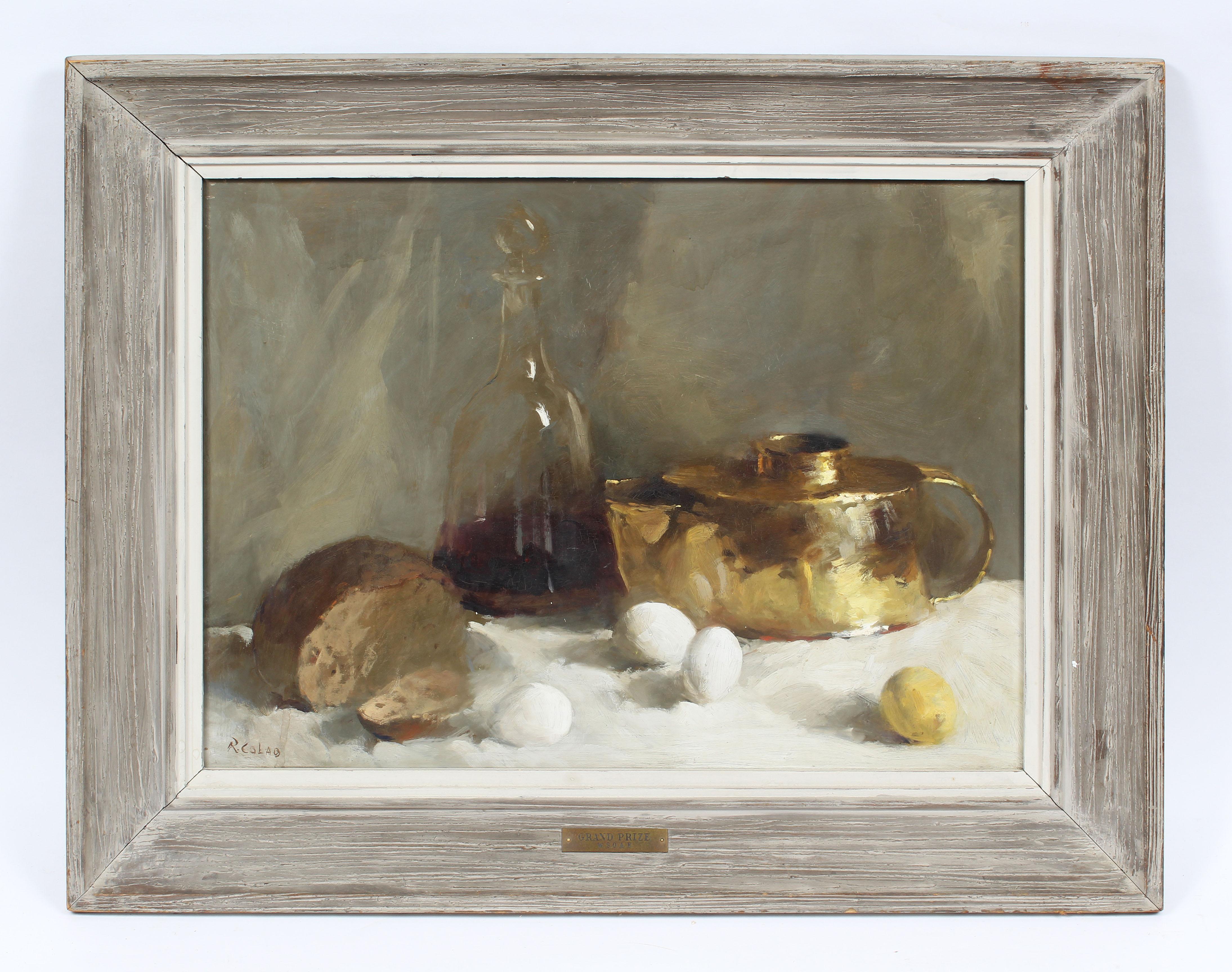 Antique American Modernist Exhibited Signed Kitchen Still Life Eggs Wine & Bread - Painting by Rudolph Colao (1927 - 2014) 
