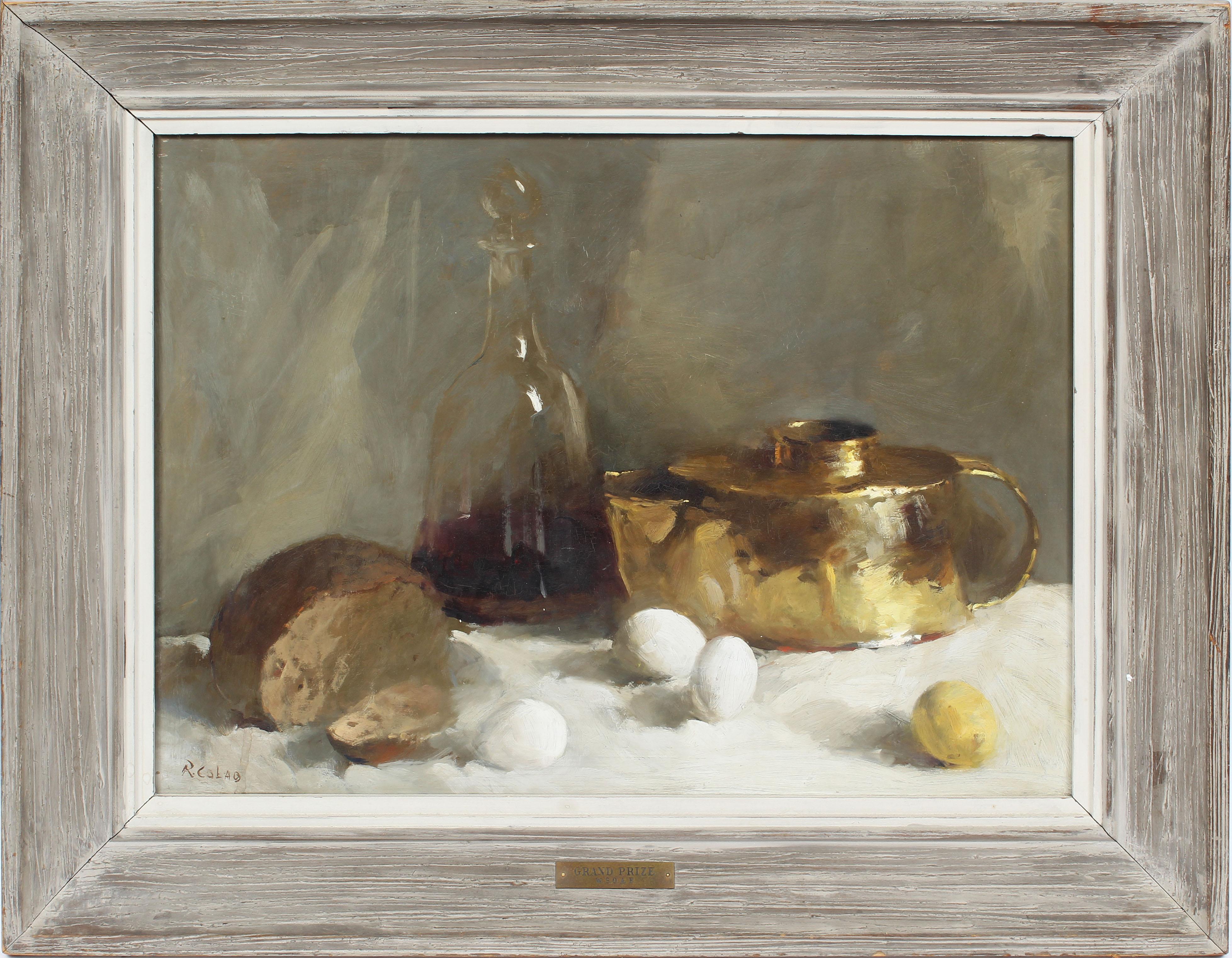 Rudolph Colao (1927 - 2014)  Landscape Painting - Antique American Modernist Exhibited Signed Kitchen Still Life Eggs Wine & Bread