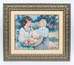 Antique French Impressionist Portrait Painting Gathering Flowers Oil Painting