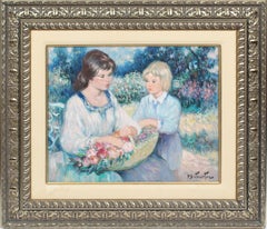 Antique French Impressionist Portrait Painting Gathering Flowers Oil Painting