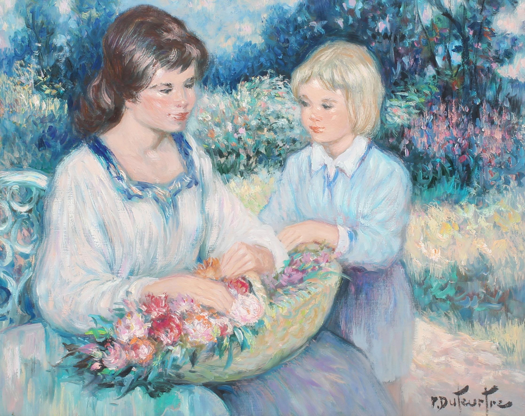 Antikes französisches impressionistisches Porträtgemälde, Gathering Flowers, Ölgemälde (Impressionismus), Painting, von Pierre Eugène Duteurtre (1911 - 1989