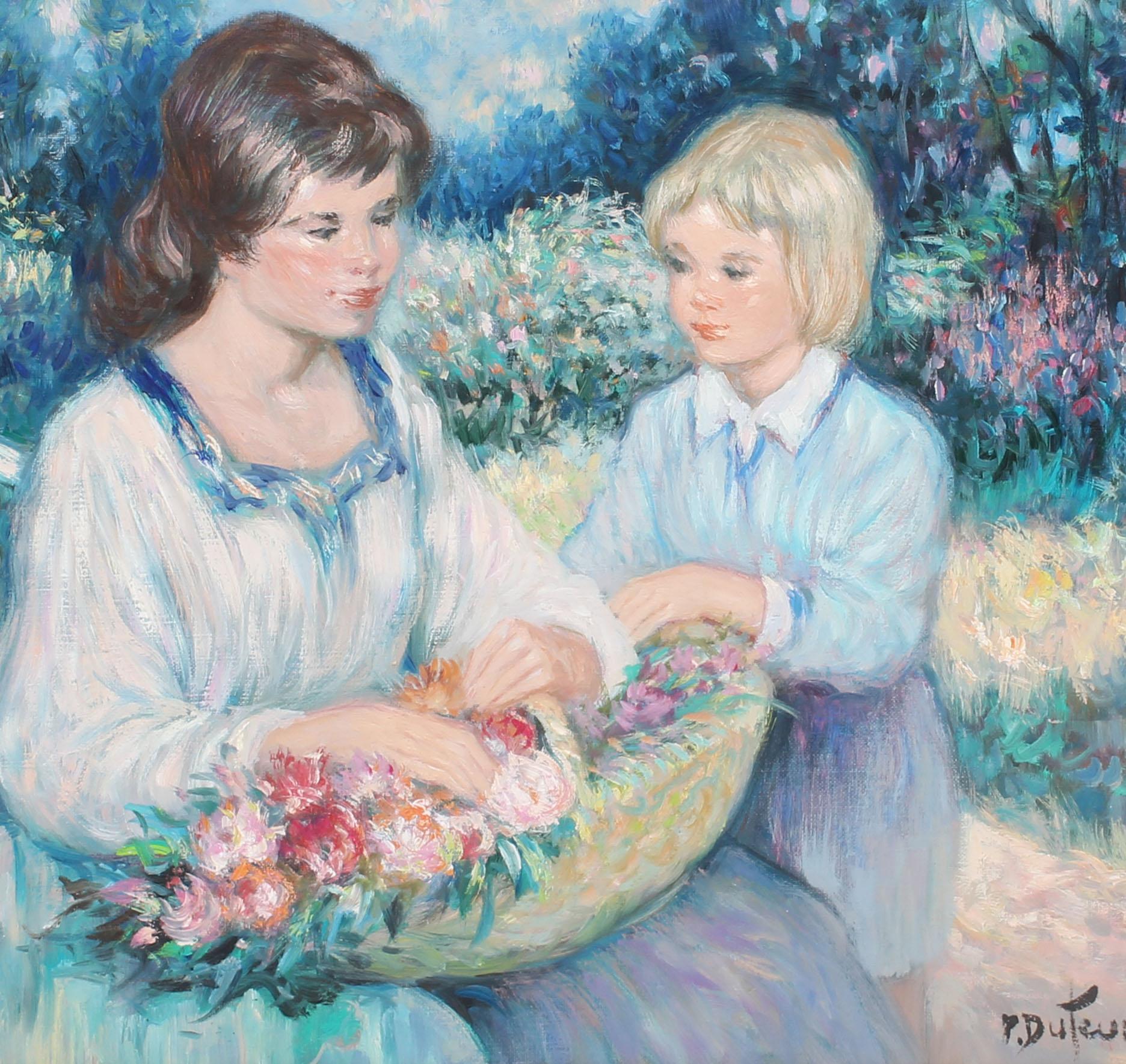 Antikes französisches impressionistisches Porträtgemälde, Gathering Flowers, Ölgemälde (Grau), Landscape Painting, von Pierre Eugène Duteurtre (1911 - 1989