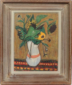 theo hios Antique American Modernist Still Life Sunflowers Original Exhibited Oil Painting