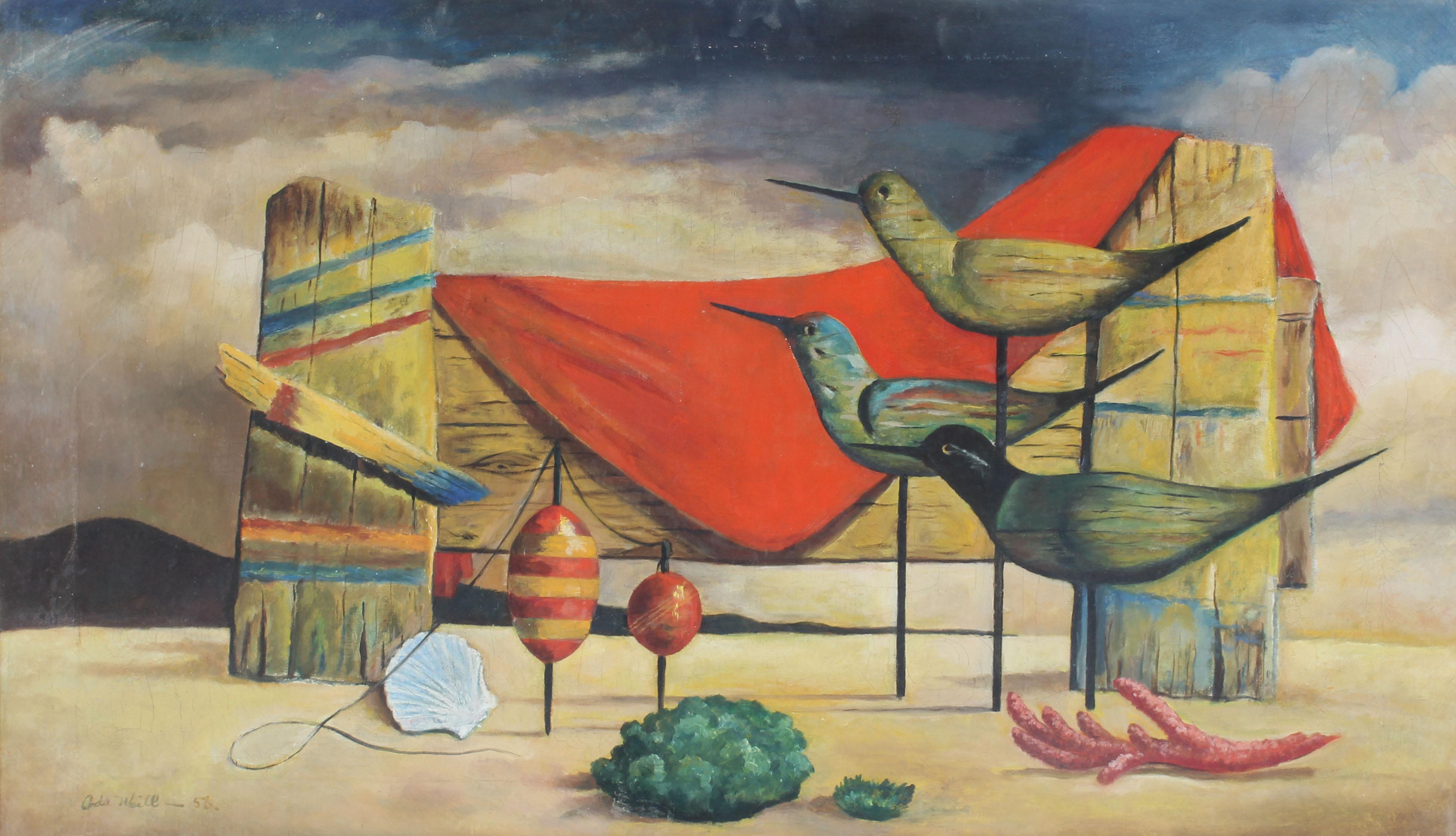 Peinture à l'huile ancienne américaine moderniste représentant un paysage de plage et un coquillage surréaliste, signée - Surréalisme Painting par ada weill