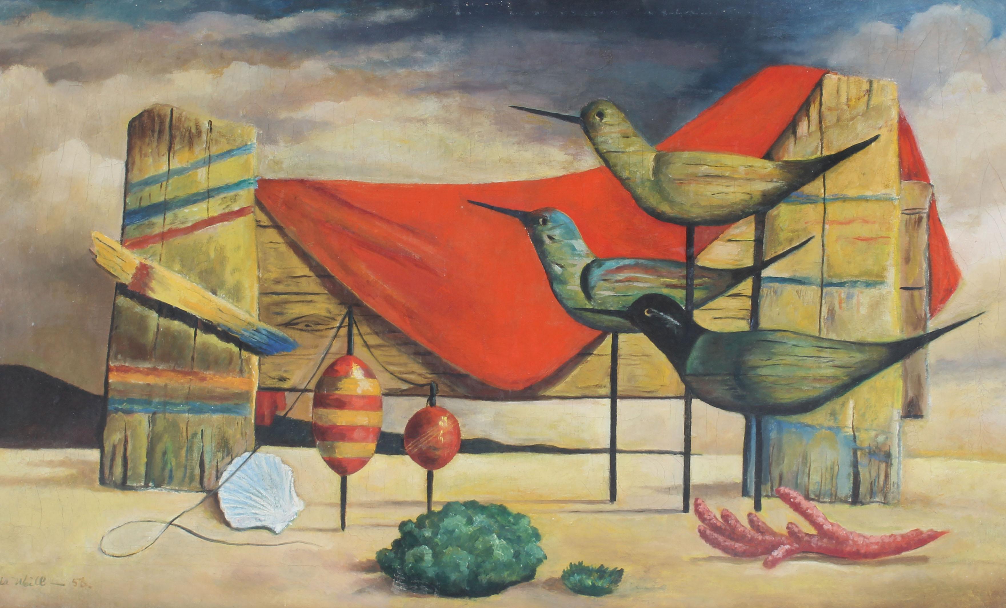 Peinture à l'huile ancienne américaine moderniste représentant un paysage de plage et un coquillage surréaliste, signée - Beige Landscape Painting par ada weill