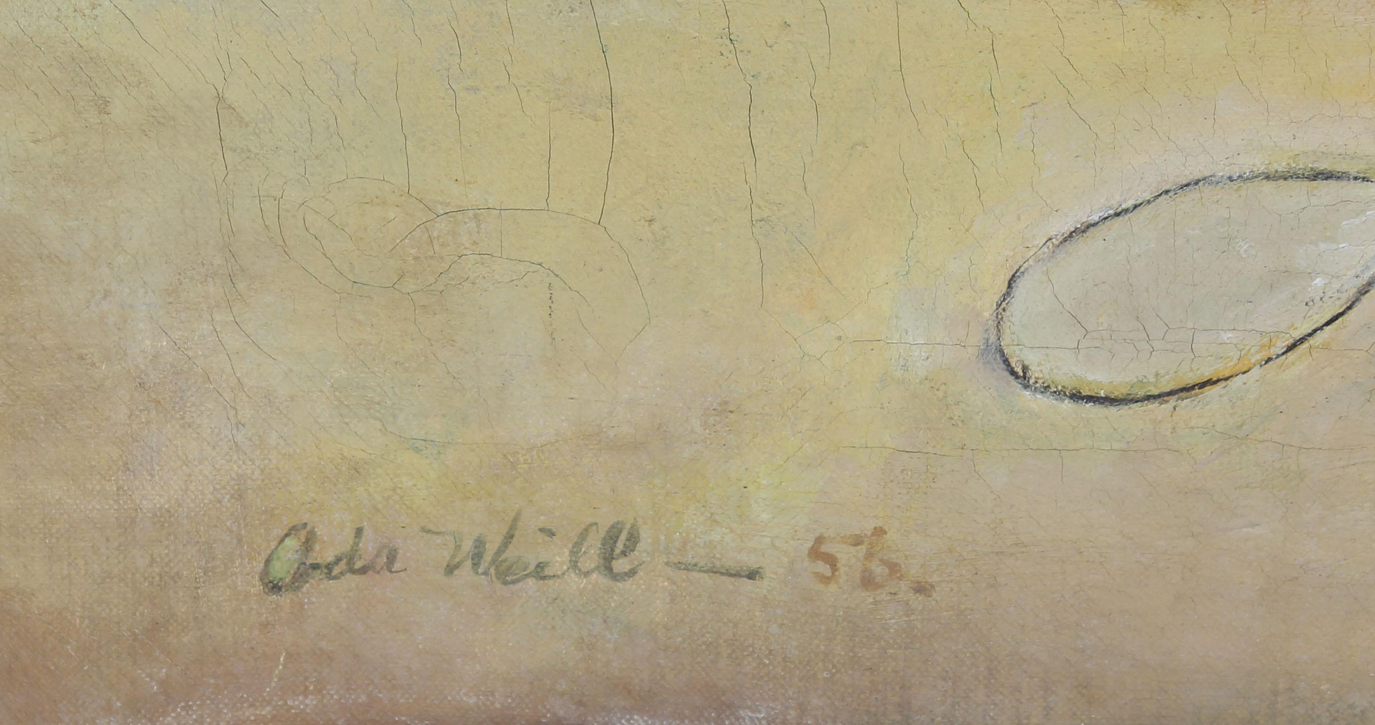 Peinture à l'huile ancienne américaine moderniste représentant un paysage de plage et un coquillage surréaliste, signée 1
