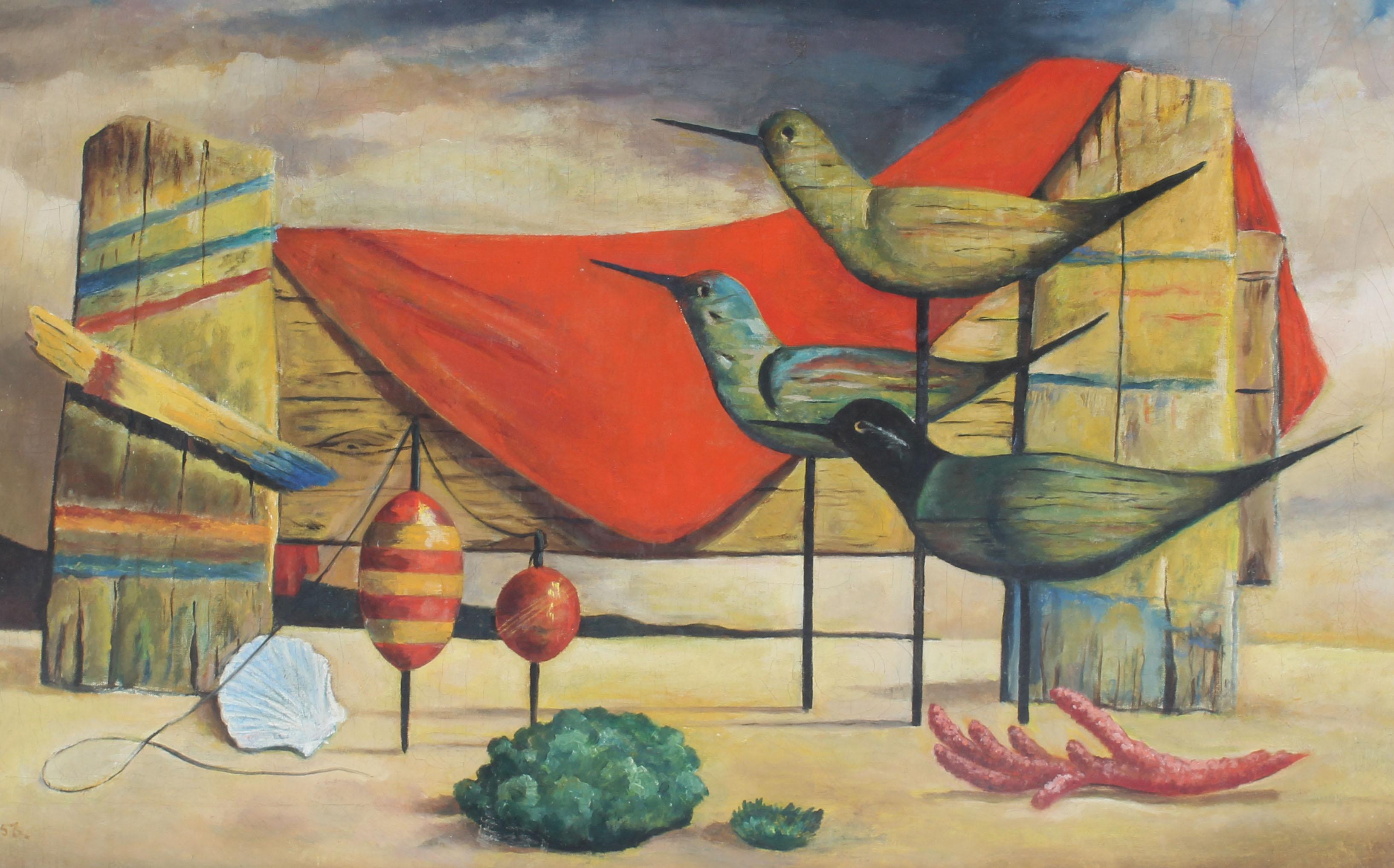 Ancienne peinture à l'huile moderniste américaine surréaliste de scène de plage par Ada Weill....  Huile sur toile, vers 1956.  Signé.  Présenté dans un cadre d'époque.  Image, 28 