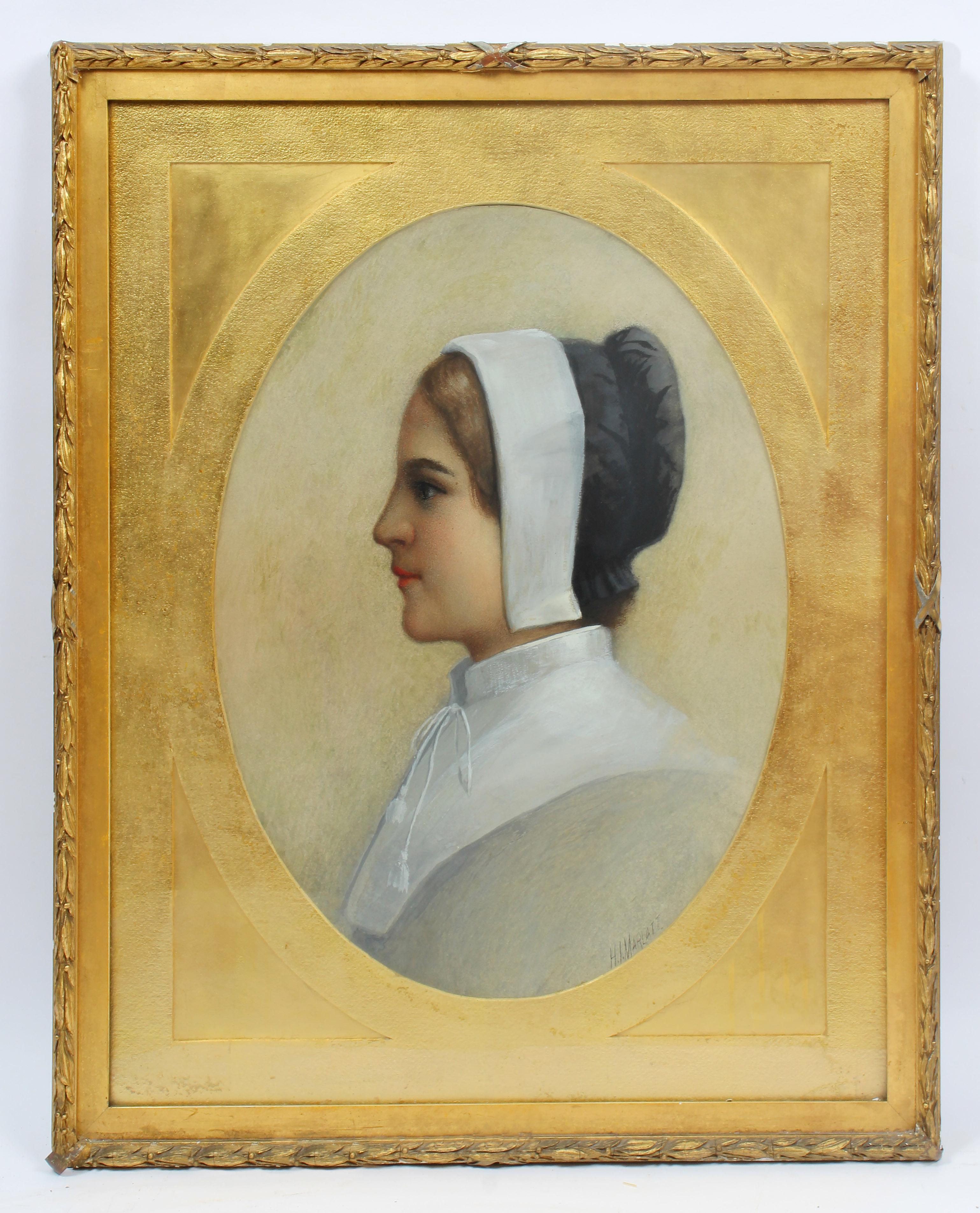 Portrait américain ancien de jeune fille avec cadre doré d'origine et peinture au pastel Marlatt 