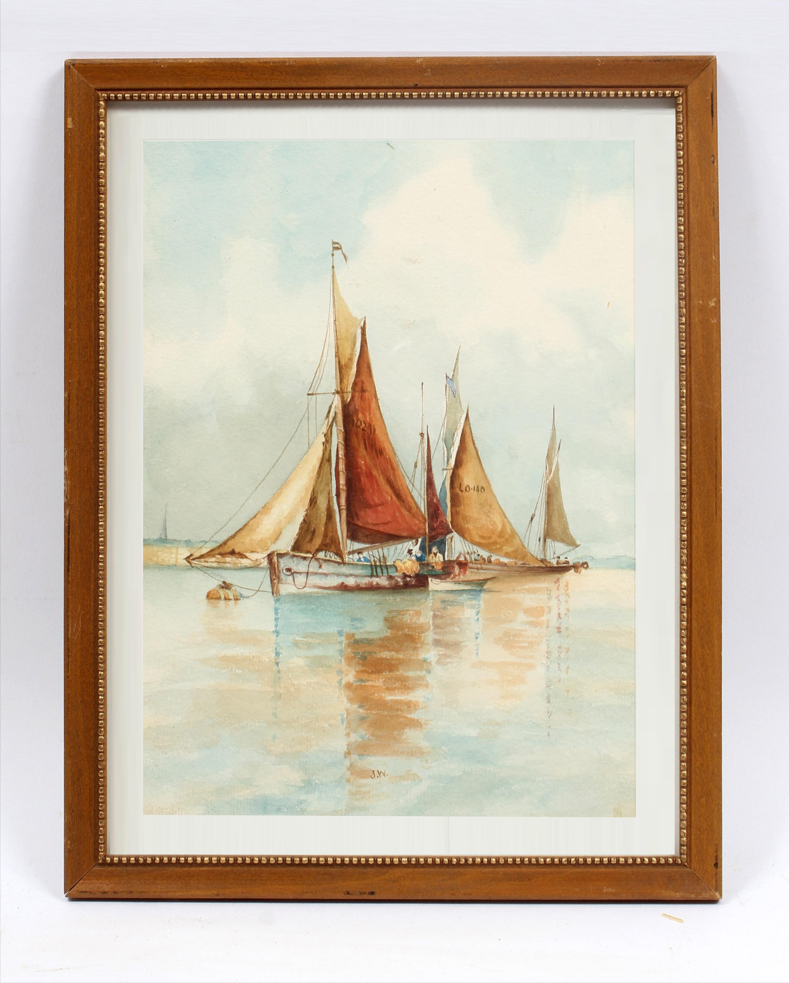 Hudson River School NY Harbor Painting Framed Monogrammed J.W. 