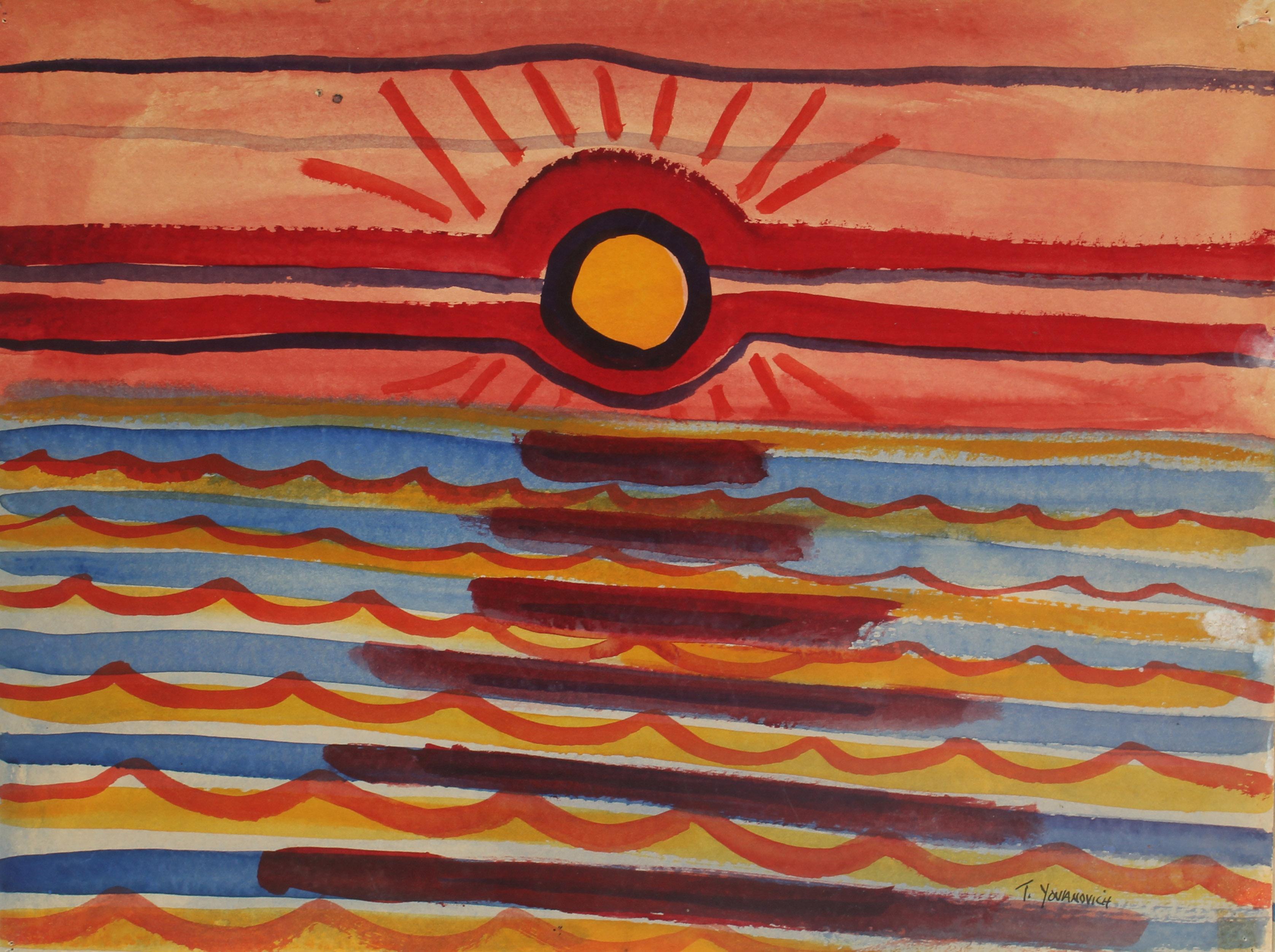 Toma Yovanovich Paesaggio astratto di metà secolo Pittura ad acquerello colorata 2